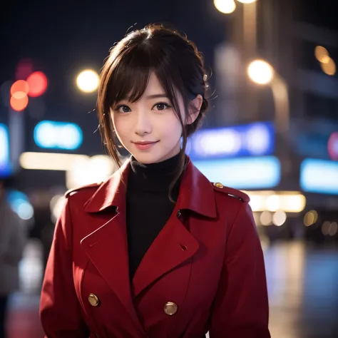 (highest quality、table top、8K、best image quality、Award-winning work、Ultra high definition)、1 girl、red turtleneck knit、elegant and beautiful trench coat、(very short bob:1.1)、epic movie lighting、very moody and romantic lighting、It&#39;s snowing、Shinjuku at n...