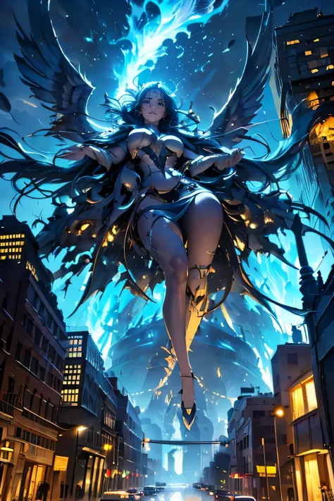 destroyed city, angle from below, (200 meter tall huge goddess floating, emits light from all over the body, last judgment, light-blue flame, (lost iris), drooping eyes, realistic skin), 