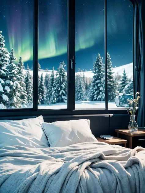 Background, a bedroom, with a window showing a snowy landscape, northern lights.