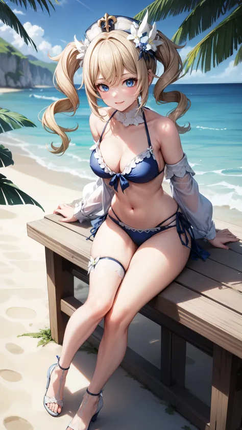 anime, beautiful face, highly detailed face, (2 accurate legs:1), blue detailed eyes, highly detailed beach background, perfect ...