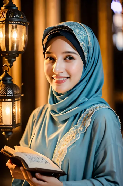 A beautiful 25-year-old woman wearing a headscarf, veiled, white dress, is holding a Quran in her hand, looking at the camera with a smiling expression, the atmosphere is calm at night. The background is a magnificent mosque with lantern lights, very detai...