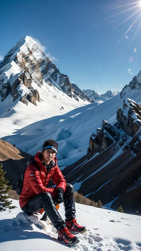 a man sitting at the peak everest mountain