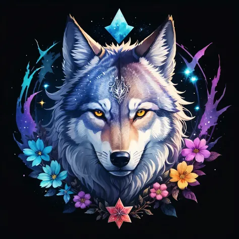 (animal,watercolor painting,Wolf,Wolf)),cool,noble,colorful flower art,moon, ,star,front view, action shot, Bright colors, high detail, Black background, logo design, Neo-Traditional Tattoo Styles, 2D, planar vector, Character Design, fantasy art, watercol...