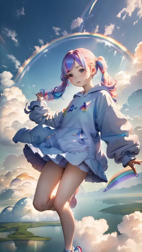 (((Floating in the sky:1.2、one girl、Stand on the clouds)))、Magical girl、Pastel clouds、perfect anatomy、small face、small nose、plump lips、twin tails、headphone:1.2、rainbow colored hair、ugly hoodie、sneakers、unreasonable、Shooting in the sky、(((背景はPastel clouds:1...