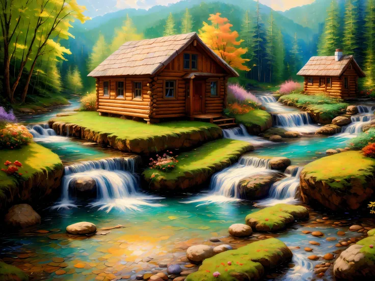 painting of a cabin in a mountain stream with a waterfall, children play around cabin,  4 k oil painting, beautiful oil matte pa...