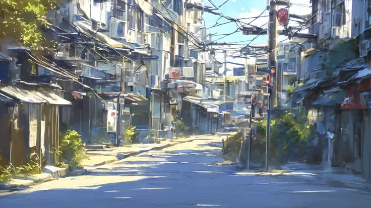 There is a stop sign on the corner of the street, tokyo anime scene, Anime background art, Shin Haichenのスタイル, Mouse calculation. by makoto shinkai, anime scenery concept art, Studio Ghibli,Shin Haichen, anime scenery, Drawn at Anime Painter Studio, beautif...