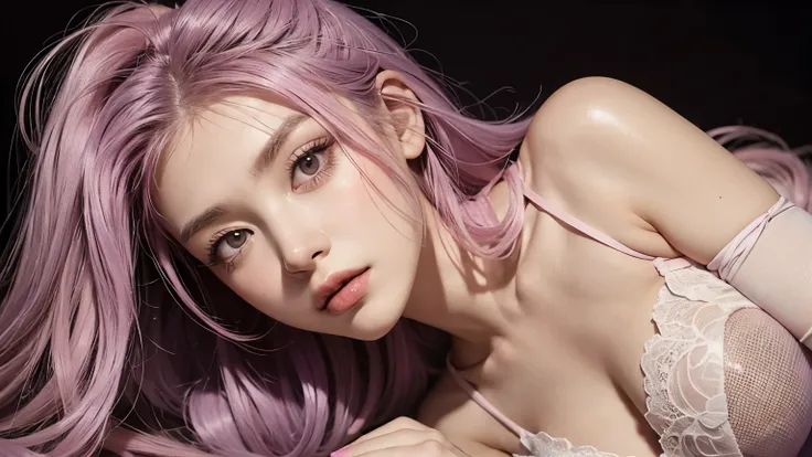 A girl with long light pink soft purple hair, sexy body, good quality, detailed face, beauty detailed face