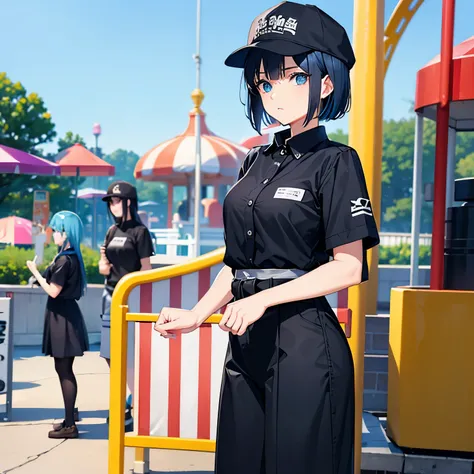 eye color is blue　hair color is black　bob hair　No expression　Are standing　woman in her 20s　amusement park staff　hat