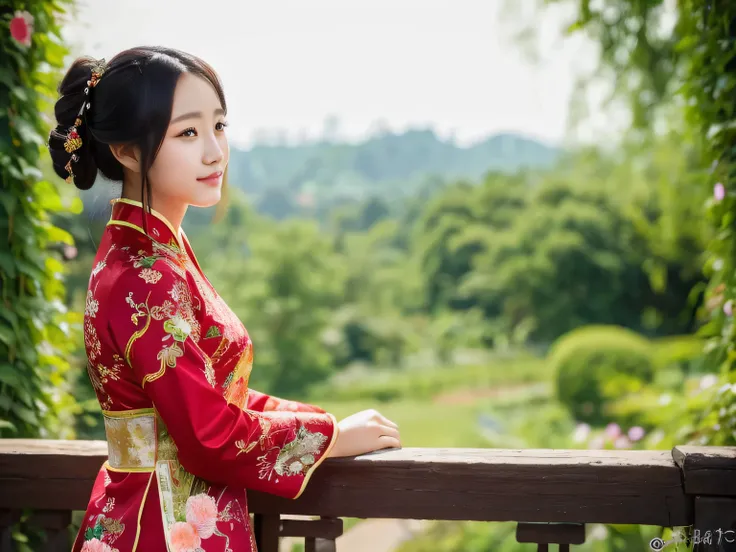 Mao Mao is a 25-year-old Chinese woman.。.、Wearing traditional Chinese costume、staring into the distance in the garden