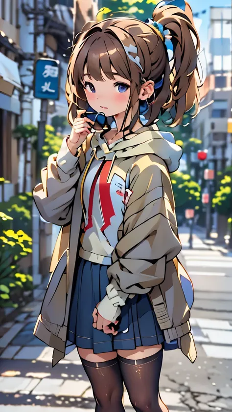 sonyのheadphoneを着用している:1.5、headphone、one girl、Magical girl、perfect anatomy、small face、plump lips、brown hair、distinctive hairstyle、look of suspicion、Modern hoodies、knee socks、(((blurred background、street corner、Everyday scenery)))、highest quality、High resolu...