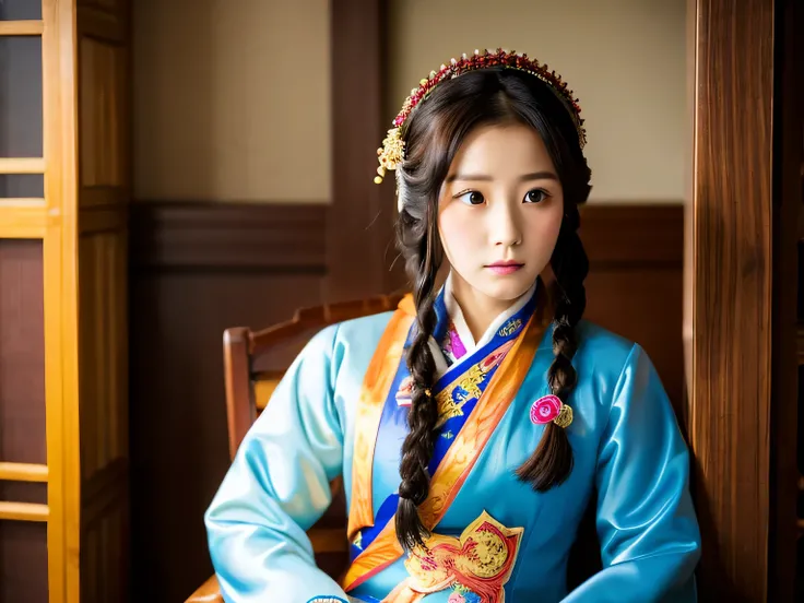 Mao Mao is a 25-year-old Chinese woman.。.。.、wearing traditional chinese costumes、looking sad in the room