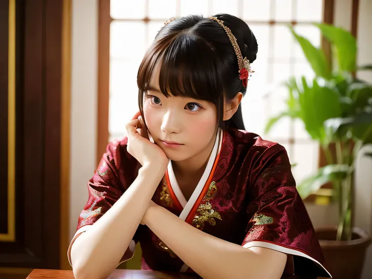 Mao Mao is a 25-year-old Chinese woman.。.。.、wearing traditional chinese costumes、looking sad in the room