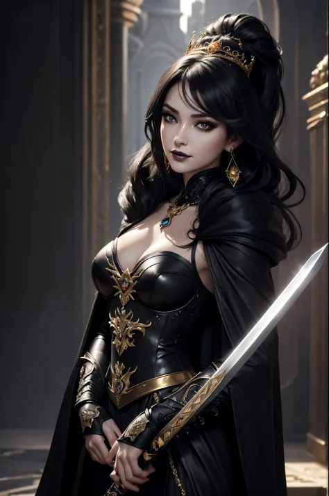 8K,very small breasts,long black hair,Close-up of a woman wearing a black evil god costume holding a one-handed sword, beautiful fantasy empress, ((beautiful fantasy empress)), small breasted , very high detail, extremely detailed , up to the model | types...