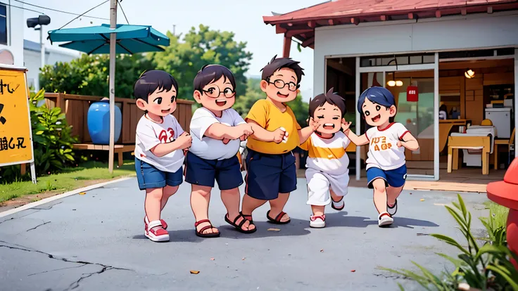 fair skin、glasses、are fat、boy、cute、8-year-old、fine、three people、playing、short sleeve、shorts