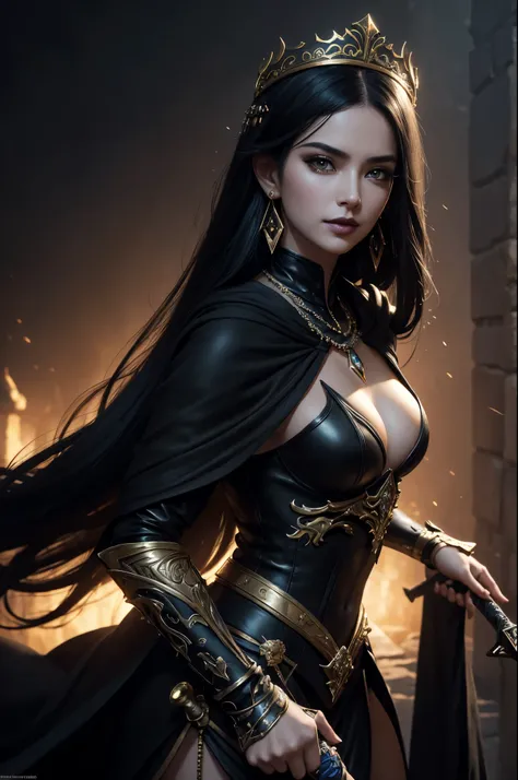 8K,very small breasts,long black hair,Close-up of a woman wearing a black evil god costume holding a one-handed sword, beautiful fantasy empress, ((beautiful fantasy empress)), small breasted , very high detail, extremely detailed , up to the model | types...