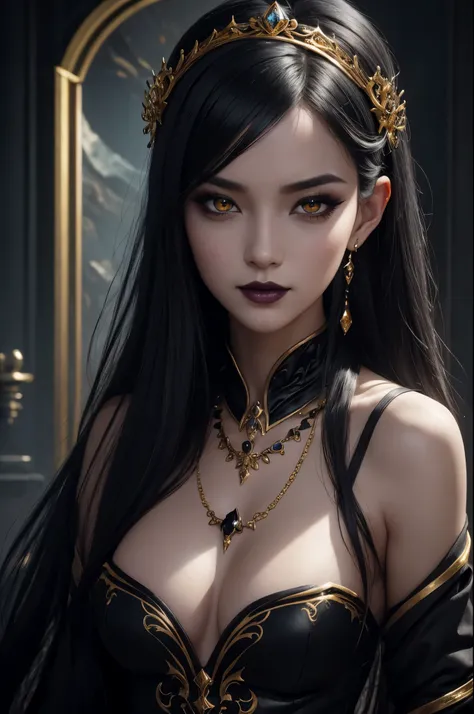 8K,very small breasts,long black hair,Close-up of a woman wearing black evil god lacagerie, beautiful fantasy empress, ((beautiful fantasy empress)), small breasted , very high detail, extremely detailed , up to the model | types of bacteria, trending on c...