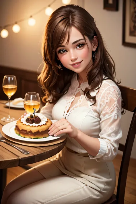 (highest resolution, diferente_imagem), melhor qualidade, master part, altamente detalhado, Semi realistic, dinner wear,  Caucasian, brown hair, happy smile, seated in a birthday party