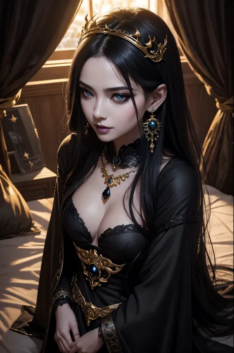 8K,very small breasts,long black hair,Close-up of a woman wearing black evil god lacagerie, beautiful fantasy empress, ((beautiful fantasy empress)), small breasted , very high detail, extremely detailed , up to the model | types of bacteria, trending on c...