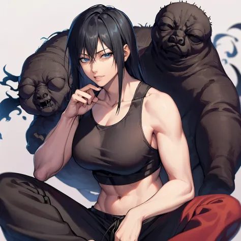 8k, mouthpiece, (long hair), ((Jujutsu Kaisen Sakuga)), red cheeks, Jinji Fushiguro solo, ((one beautiful woman)), ((beautiful eyes)), accompanied by a cursed spirit, black tank top, long pants, long black hair, big breasts,