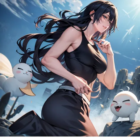 8k, mouthpiece, (long hair), ((Jujutsu Kaisen Sakuga)), red cheeks, Jinji Fushiguro solo, ((one beautiful woman)), ((beautiful eyes)), accompanied by a cursed spirit, black tank top, long pants, long black hair, big breasts,