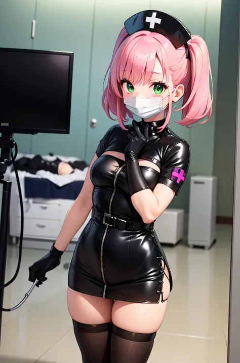 black nurse, 1 female, alone, black nurse cap, Black Wear, ((black legwear, zettai ryouiki)), black elbow gloves, pink hair, green eyes, droopy eyes, ((Black surgical mask, Covered nose)), Are standing, ((operating room)), sharp outline, short sleeve, matu...