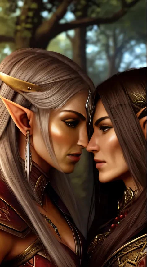 a beautiful female elf warrior and a beautiful female orc warrior, face to face, they are caressing each other, 8k, ultra realistic, extremely detailed