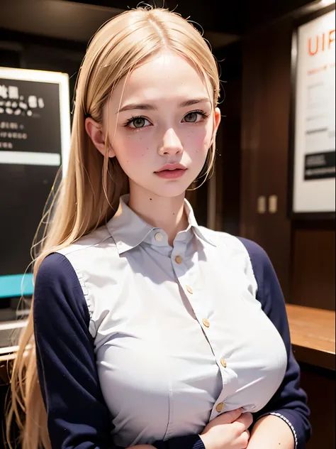 realistic,1 girl,8K, RAW photo, highest quality, masterpiece, realistic, photorealistic, smile,  uniform, cute,tokyo street,Upper body,coffee shop uniform,The background is a café,((be familiar with, Ultra high-quality eye reproduction:1.3)) (Realistic eye...