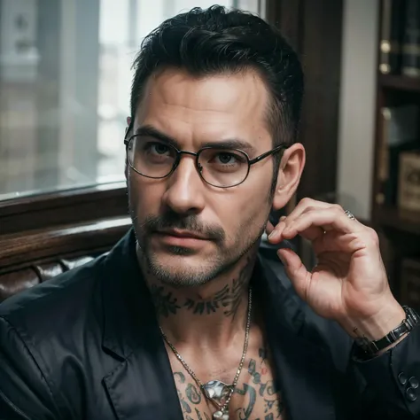 (best quality,4k,highres,masterpiece:1.2),ultra-detailed,realistic,super detailed tattoos
(((Alone men))),black hair,muscular,(((Middle-aged man))),mafia,double-suited,cool,tough,5 oclock shadow,glasses,cool uncle