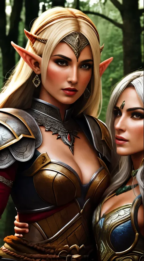 a beautiful female elf warrior and a beautiful female orc warrior, face to face, they are caressing each other, 8k, ultra realistic, extremely detailed