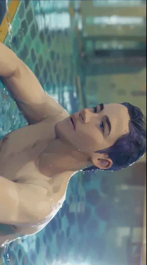 young man, 15 years old, athletic body, violet hair, swimming, shirtless