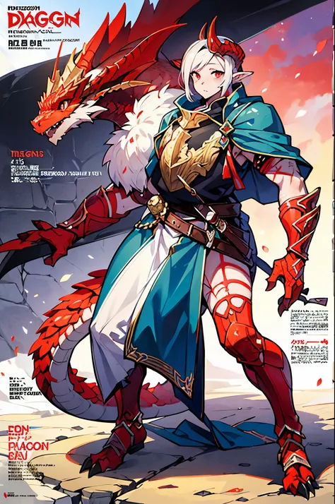 masterpiece, (1girl:1.5), extremely detailed female character, full body shot, best quality, dnd, dungeons and dragons, (thin, athletic, pointy ears), (red dragonborn, anthro, horns, red eyes, scales skin, damaged), (magazine title, text:1), ("Play Dragon"...