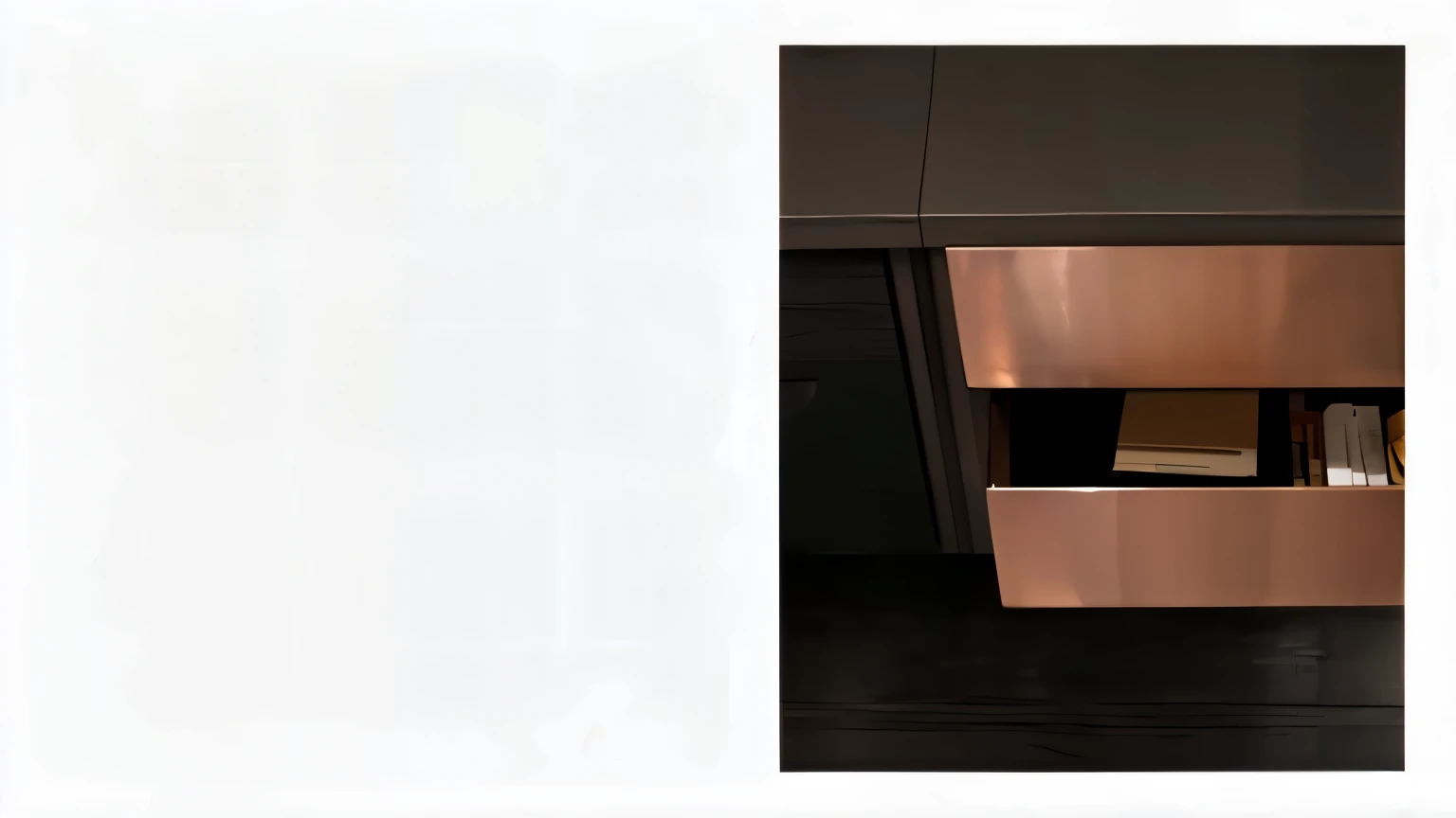 There is a bookshelf in the kitchen，There is a book inside, copper details, copper elements, intricate copper details, 材质 黄copper & copper gold, copper, modern details, copper and brass, Inspired by Antonio Rota, exhibit, reflections in copper, 2 0 1 5, 20...