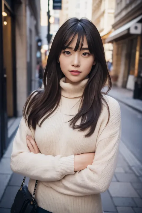 ((Cross your arms in front of your body、The string digs into my chest、street snap))、(bright colored turtleneck、Tight clothes)、cute japanese woman、23 years old、young girl、big breasts、simple background