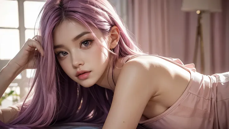 A girl with long light pink soft purple hair, sexy body, good quality, detailed face, beauty detailed face