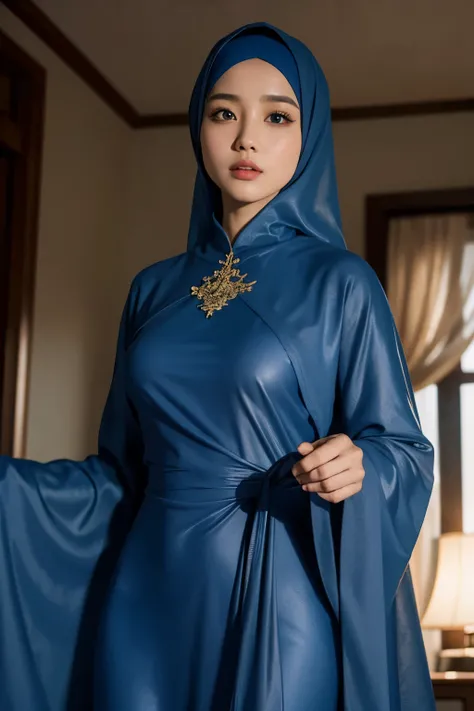 best quality, masterpiece, realistic:, luminate, beautiful muslim, hijab, twirling hijab, fully covered robe, 1 girl, blue hijab, blue eyes, Front, detailed face, beautiful eyes, close up shot, dark blue dress, tight dress, super shiny dress, ao dai dress,...