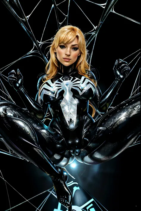 masterpiece，8k，lifelike，good lighting，（（28-year-old girl，black spider-man venom suit，there is white on the chest，））），long hair，b...