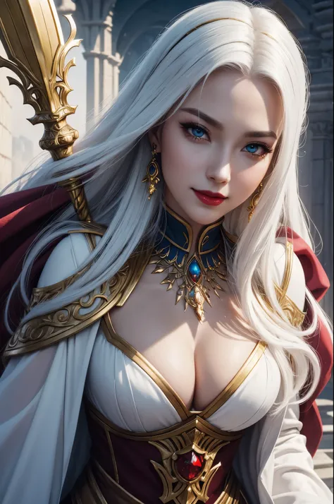 8K,very big breasts,long white hair,Close-up of a woman wearing a white evil god costume holding a divine staff, beautiful fantasy empress, ((beautiful fantasy empress)), glamorous.very high detail, extremely detailed , up to the model | types of bacteria,...