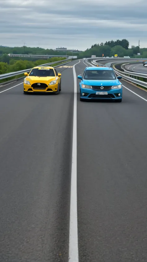 2 cars racing to each other on a highway 