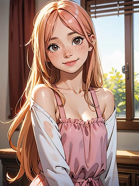 (best quality), 1girl, female, sun kissed skin, blonde hair, pink streaked hair, curtain bangs, brown eyes, expressive eyes, freckles, , slender, smile, small bust, masterpiece, anatomically correct, highres
