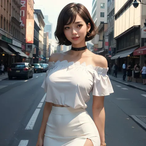 highest quality, ultra high resolution, (realistic:1.4), 1 female, young,sensual, Brown_eye, Short hair, (Brownの髪:1), (huge breasts:1), off shoulder white shirt, black tight skirt, black choker, earrings, city, seductive smile, looking at the viewer, knees...