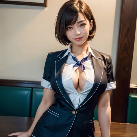 highest quality, ultra high resolution, (realistic:1.4), 1 female, young,sensual, Brown_eye, Short hair, (Brownの髪:1), (huge breasts:1), school uniform, open clothes, seductive smile, looking at the viewer, claw pose, full body shot