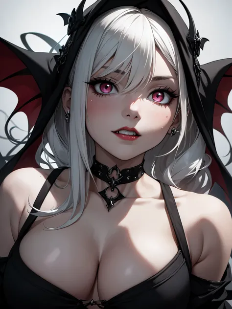 best quality,close up shot,attractive, from below,sexy,vampire woman,vampire fangs,top half of body,cleavage,chin from under, chin up, angle,red lipstick,sharp fangs,pale skin,intense gaze,detailed eyes,white wavy hair,voluminous curls, underboob, view fro...