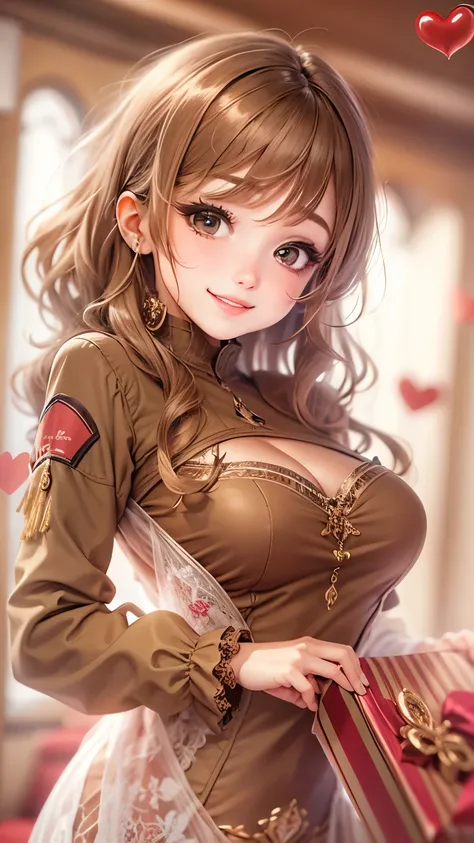 valentine chocolate gifts、realistic、1 girl、cleavage、light brown hair、smile