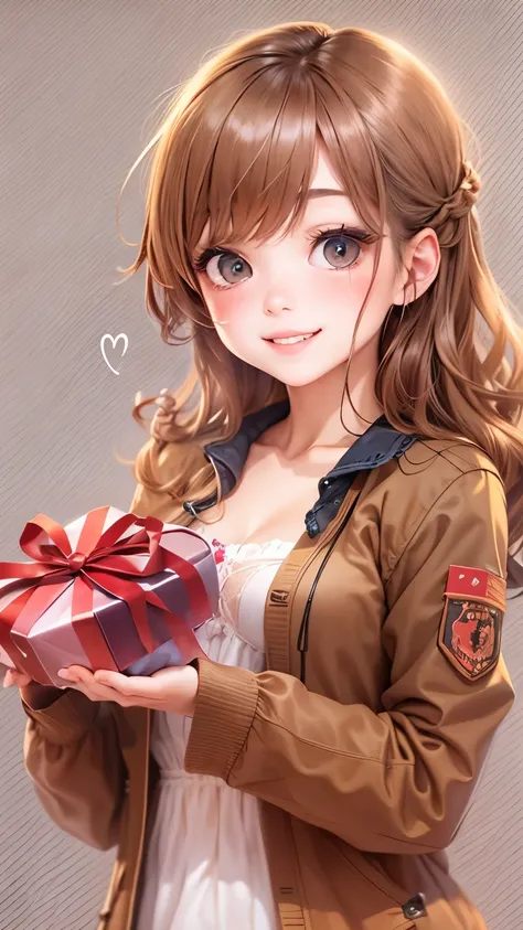 valentine chocolate gifts、realistic、1 girl、cleavage、light brown hair、smile