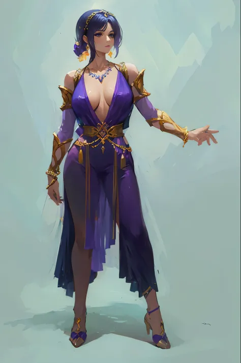 a woman in a purple and blue outfit with a necklace on her  neck, handsome princess of persia, female character design, full body character portrait