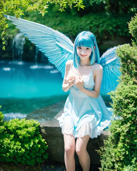 beautiful japanese girl　13 years old　Flying with fairy wings（whole body:1.5）(shiny light blue hair:1.5)　Straight super long hair　asymmetrical bangs　thin eyebrows　big magic eyes　high resolution black eyes　pale pink lip　smooth and soft skin　happy smile　White...