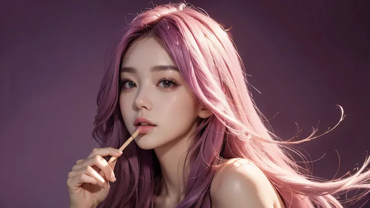 A girl with long light pink soft purple hair, holding a pepero stick, good quality, detailed beauty face