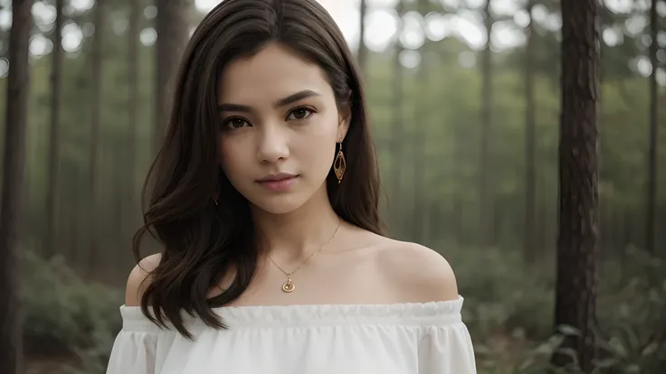 Medium shot of a woman with a thoughtful expression, Wearing darkness, off shoulder dress and single, Statement Jewelry, The background is out of focus、Features must be soft, warm tones, 1 female, The background is nature,