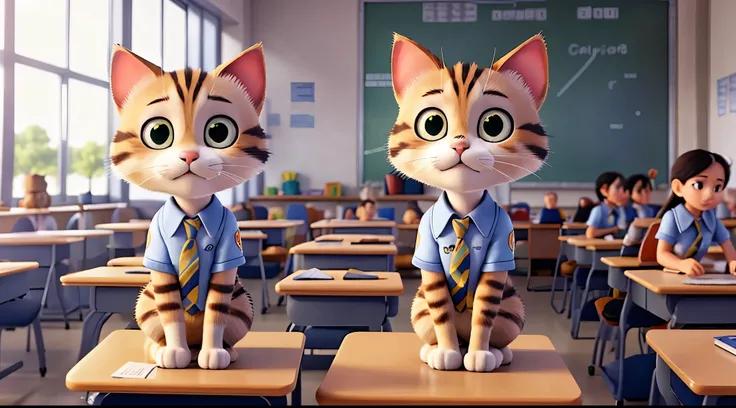 A cat wearing uniform in the school classroom, sad emotions 