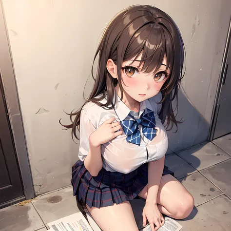 (masterpiece, highest quality),
1 girl, bent down, squat, closed legs, Pick up documents, hands on floor, Wheezing in the chest, (From above:1.2), looking at the viewer, 
break girl, Shouko Nishimiya,  light brown hair,  long hair,  shiny hair,  (big breas...